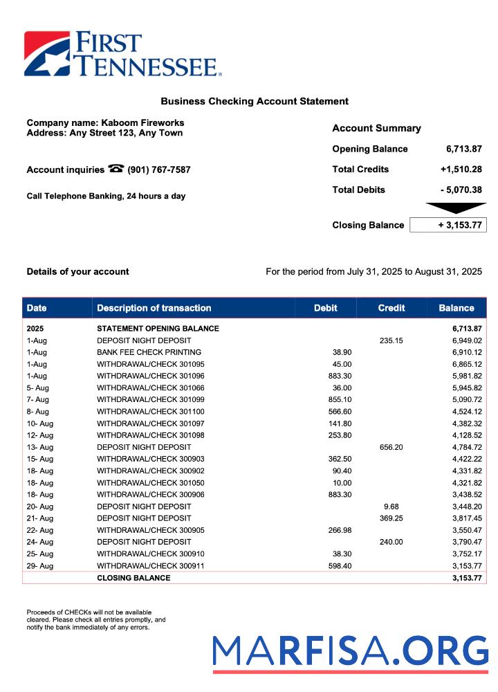 Blank US First Tennessee business checking account statement Word and PDF template